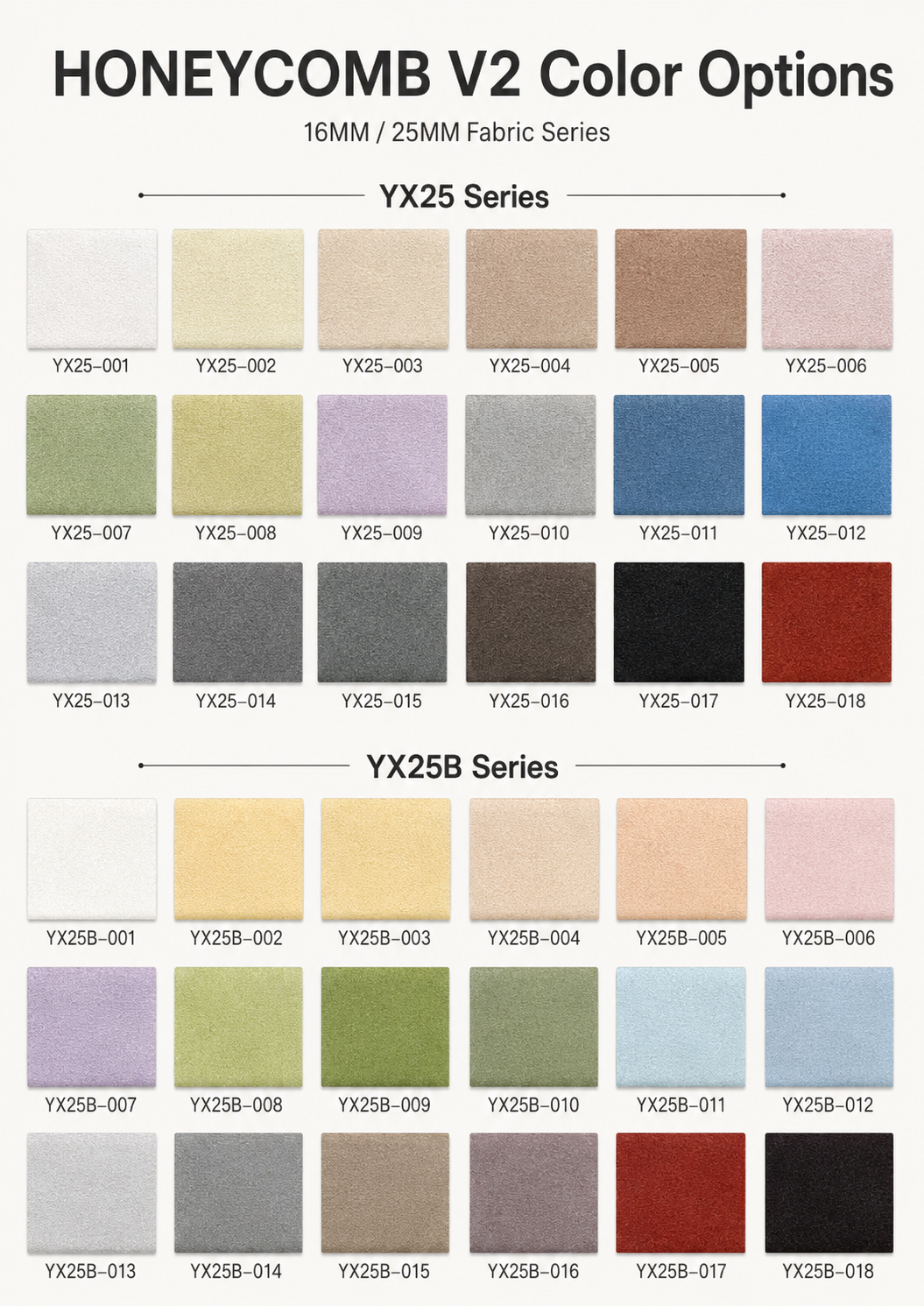 Carely Honeycomb V2 YX25 and YX25B fabric colour options